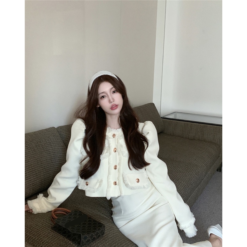 Set Áo Dạ Trắng Và Chân Váy Bút Chì Thiết Kế Hàng Quảng Châu Cao Cấp Phong Cách Tiểu Thư Phù Hợp Đi Ăn Tiệc Cưới Du Lịch