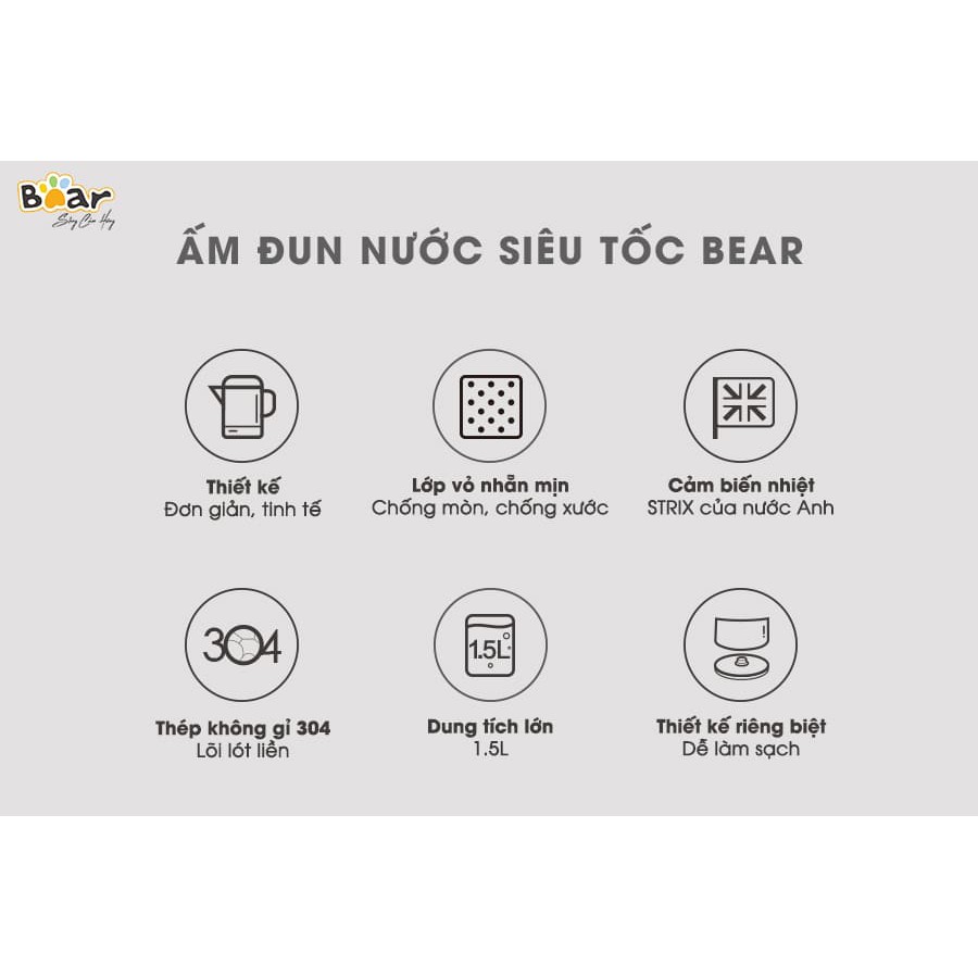 Ấm Siêu Tốc 1,5L, Bình Đun Nước Siêu Tốc, Ấm Đun Nước Pha Trà_Bear ZDH-B15T1_Tốc Độ Siêu Nhanh và Hiện Đại_Bảo Hành 1nam