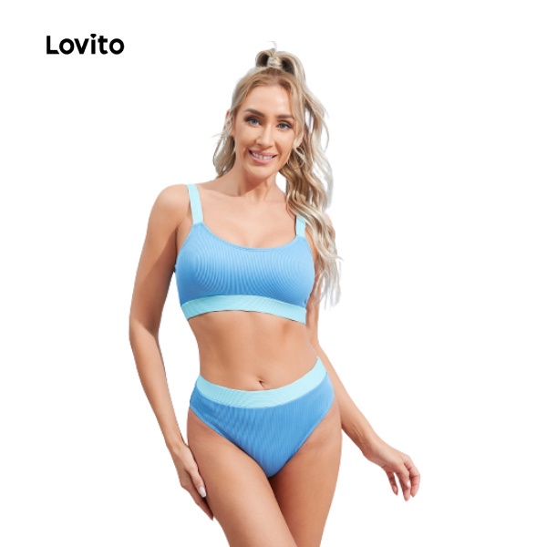 Set bikini Lovito eo cao co giãn nhiều thoải mái màu trơn ghép nối màu sắc L10024 (màu xanh dương)