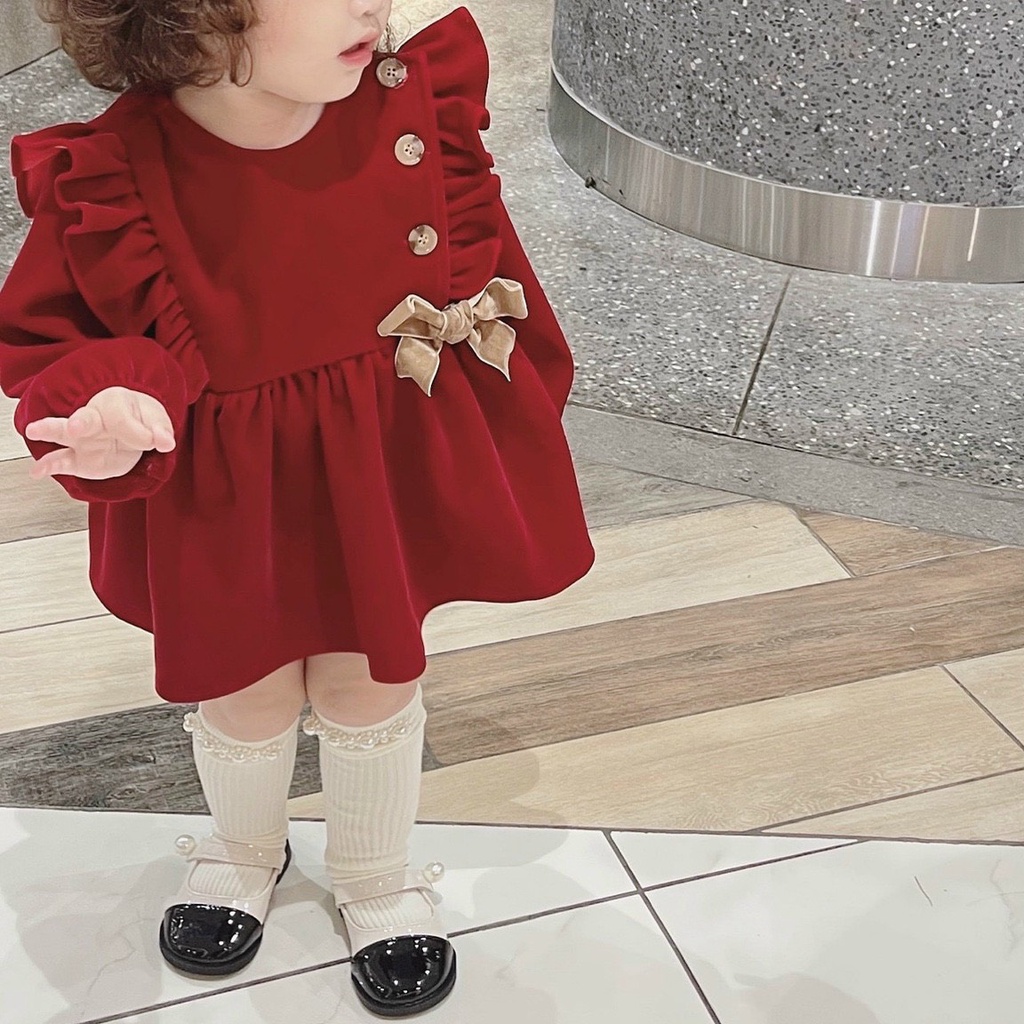 Váy Baby Doll Đỏ  Đính Nơ Cho Bé Gái MINTSCLOSET Size Từ 18-20KG  - GV0014
