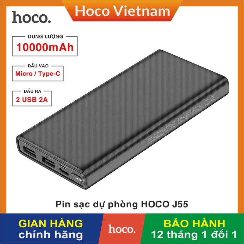 Pin sạc dự phòng di động CHÍNH HÃNG HOCO J55 dung lượng 10000mAh công nghệ mới, đầu ra 2 cổng USB 2A, đèn báo LED