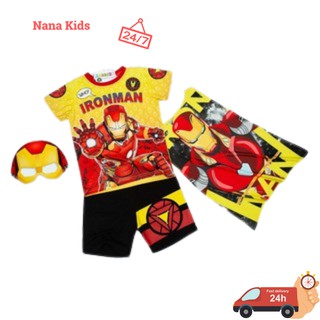 Bộ người sắt Iroman in 4D tay ngắn SAMKIDS tặng kèm mặt nạ và choàng phía sau, thấm hút mồ hôi tốt size 2 đến 6 tuổi.