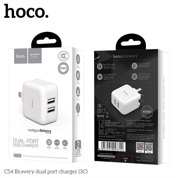 CÓC SẠC 2 CỔNG USB 2.0A HOCO C54 (BH: 12T)
