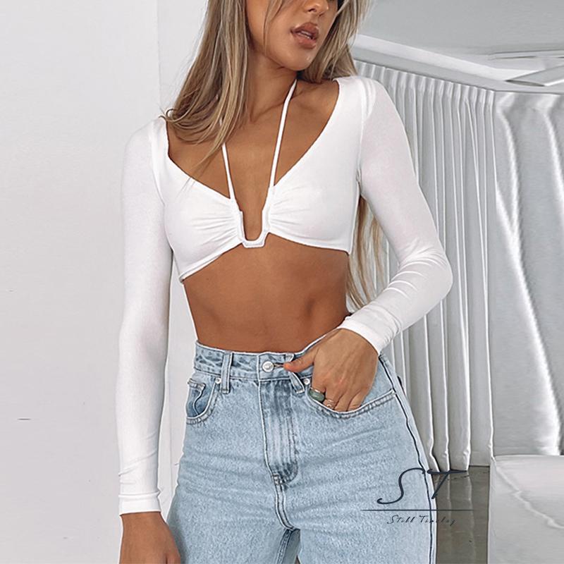 Áo Lửng Tay Dài Màu Trơn Thiết Kế Khoét Lỗ Hở Rốn Thời Trang Dành Cho Nữ