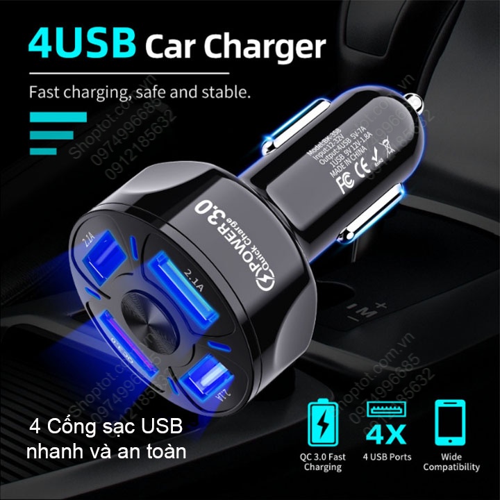 Đầu sạc nhanh xe hơi với 04 cổng USB, điện áp vào 12-24V