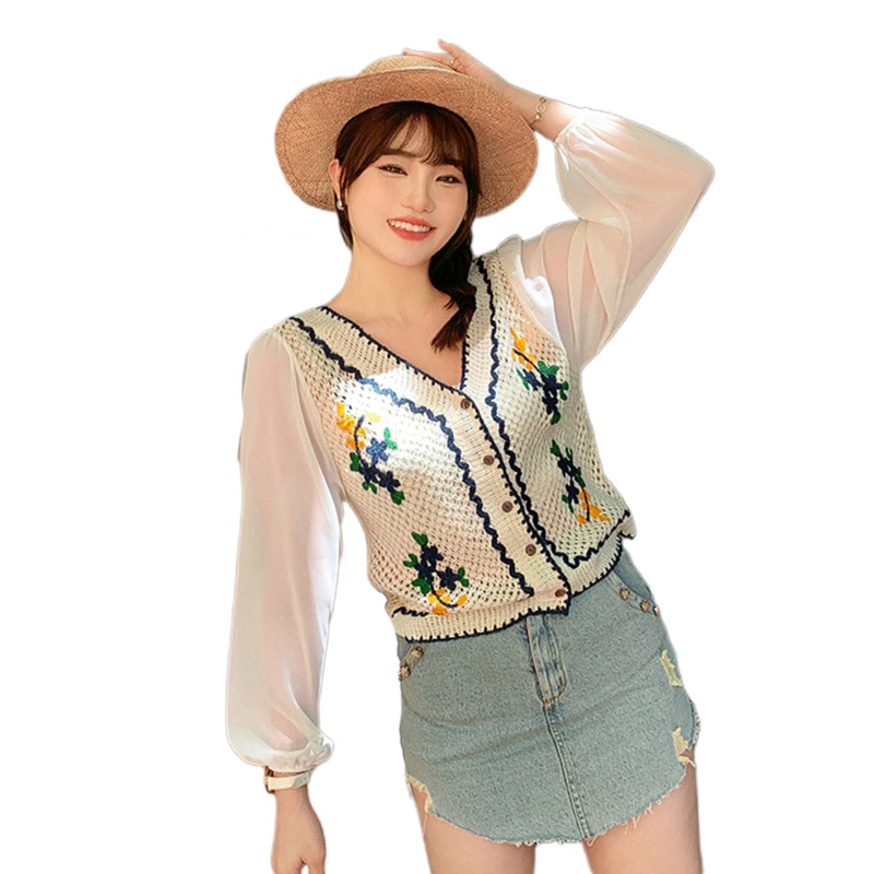 Áo Khoác Cardigan Dệt Kim Tay Dài Cổ Chữ V Phối Nút Thiết Kế Đục Lỗ Thời Trang