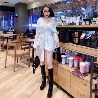 Áo sơ mi sọc lai bầu giấu quần kèm belt khoen. Freesize fom rộng rãi , belt tuỳ chỉnh vòng eo siêu mái thoải nha chuỵ em
