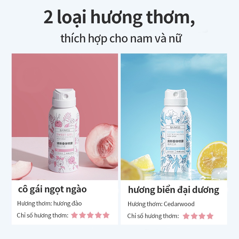 Xịt khử mùi BAIMISS ngăn mùi mồ hôi hương thơm bền lâu 100ml
