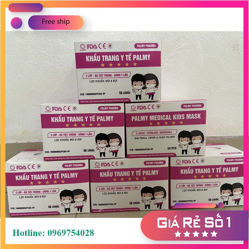 Hàng Xịn Khẩu Trang Y Tế Trẻ Em PALMY PHARMA 3 Lớp Kháng Khuẩn ( Cho Bé Từ 5-12 Tuổi ) Hộp 50 Cái