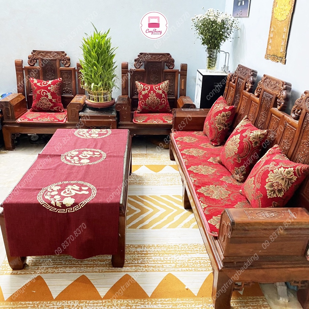 Thảm trải ghế phòng khách, trọn bộ đệm ghế sofa, thảm trải ghế gỗ, gối tựa thêu vi tính vải gấm cao cấp