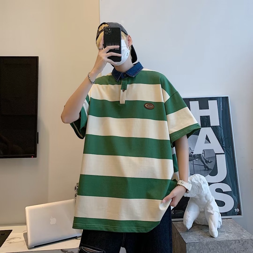 Áo Thun POLO Tay Ngắn Dáng Rộng Thoáng Khí In Họa Tiết Kẻ Sọc Phong Cách hip hop Đường Phố Hàn Quốc Thời Trang Mùa Hè Cho Nam