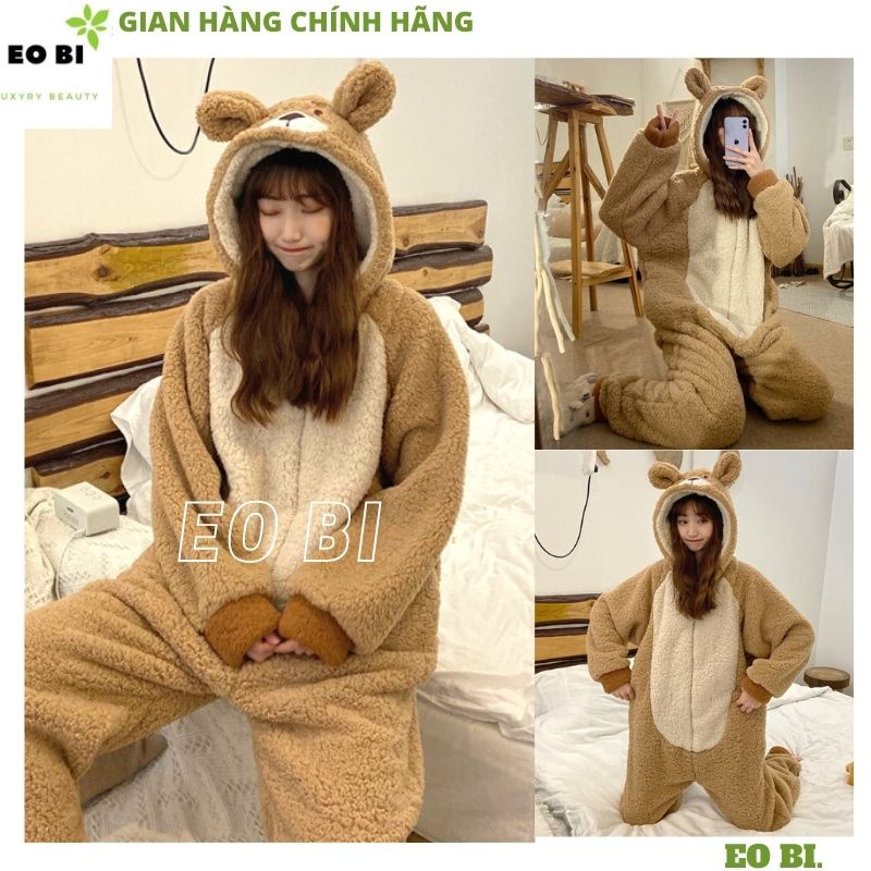 Bộ đồ mặc nhà lông cừu gấu nâu liền thân kiểu dáng hàn quốc ulzzang kute dễ thương -bộ ngủ ấm áp mùa đông - EOBI
