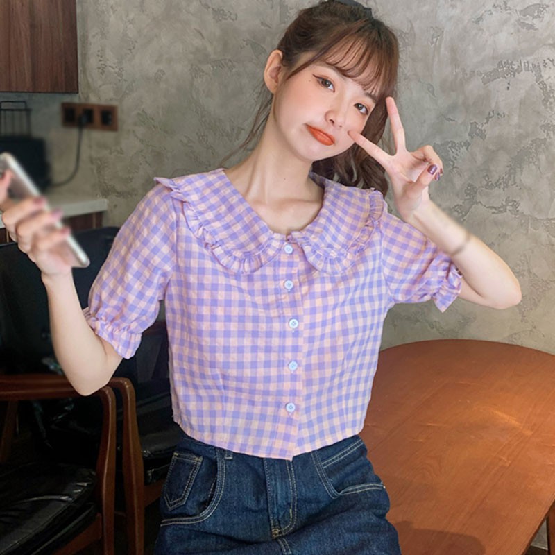 Áo Sơ Mi Ngắn Tay Ca Rô Ca Rô Cổ Búp Bê Đáng Yêu Cho Nữ