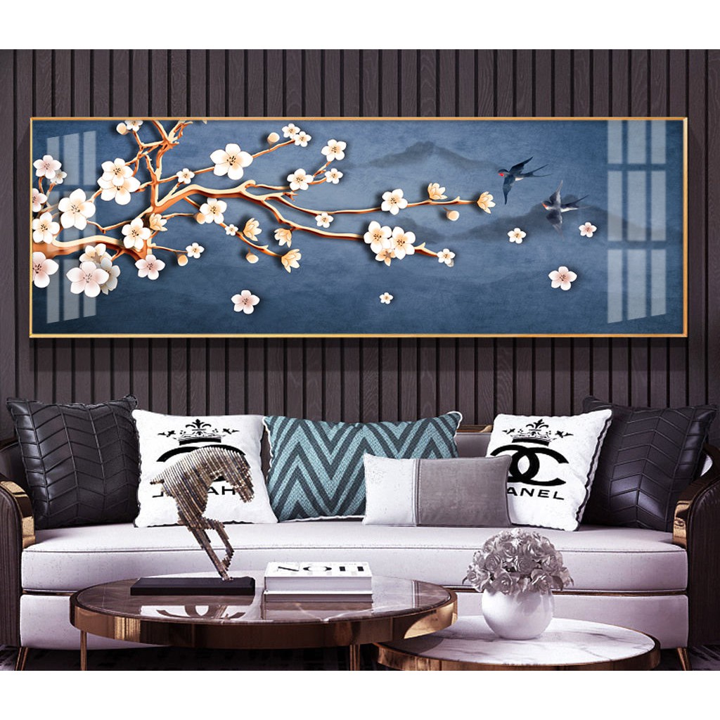 Tranh treo tường hiện đại đôi Hoa đào chất liệu bóng kính hoặc vải canvas ZTU_235550