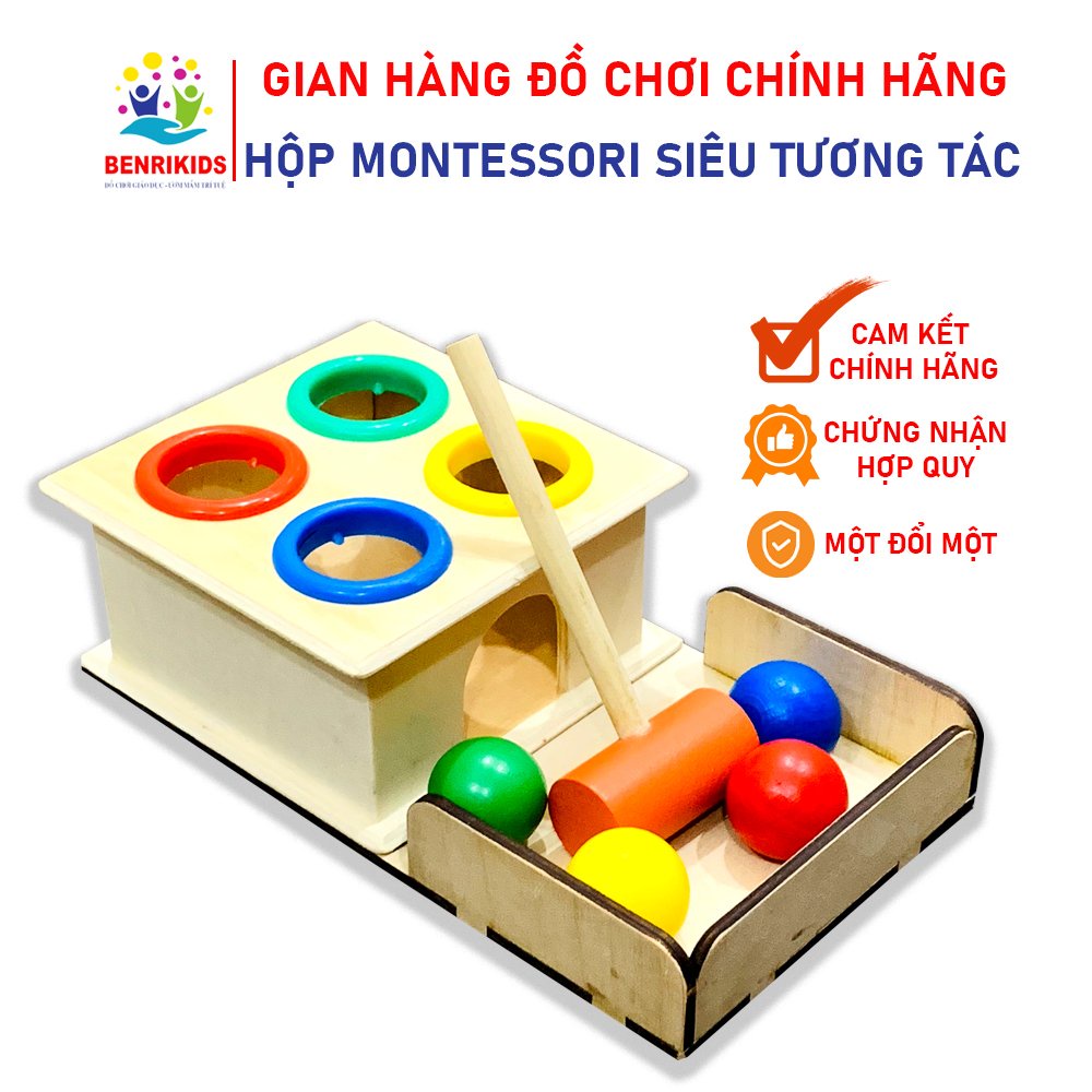 Búa Đập Bi Màu Sắc Bằng Gỗ Mộc Trơn Mịn Kèm Khay Đựng Cho Bé