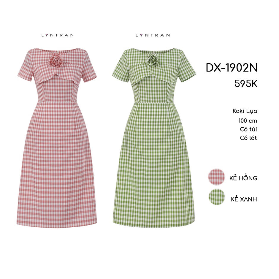 Váy kẻ caro hoa ngực Lyntran Đầm xòe kẻ ô DX-1902N Coup ngực ấn tượng