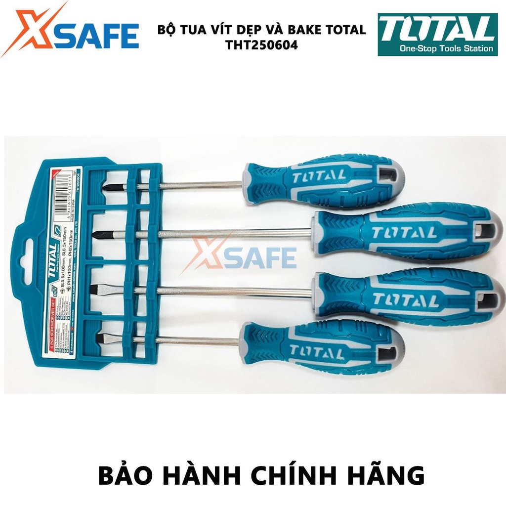 Bộ tuốc nơ vít dẹp và bake 4 chi tiết TOTAL THT250604 | Bộ 4 tua vít tua vít SL5.5X100mm, tua vít SL6.5X150mm