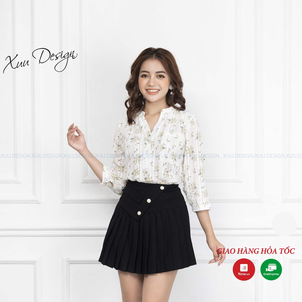 Áo sơ mi nữ họa tiết hoa nhí, chấm bi kiểu tay lỡ XUU DESIGN. tk21.10 hoa