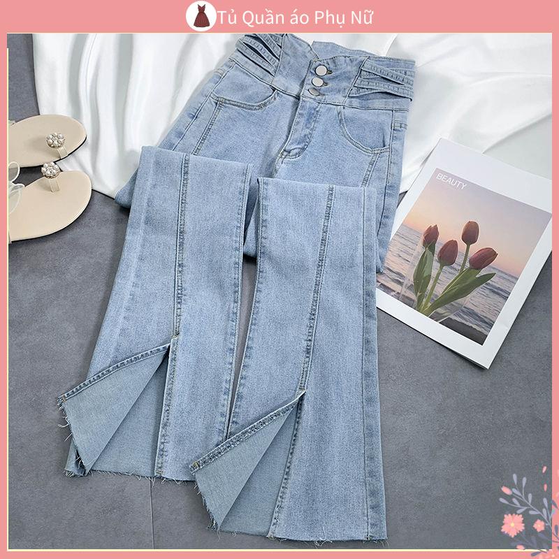 Qu gotn Quần denim l gotn cao th > trang cho n > Quần Jean Ống Loe Xanh Nhạt Siêu Mỏng Xẻ Tà Phong Cách Mới 2022