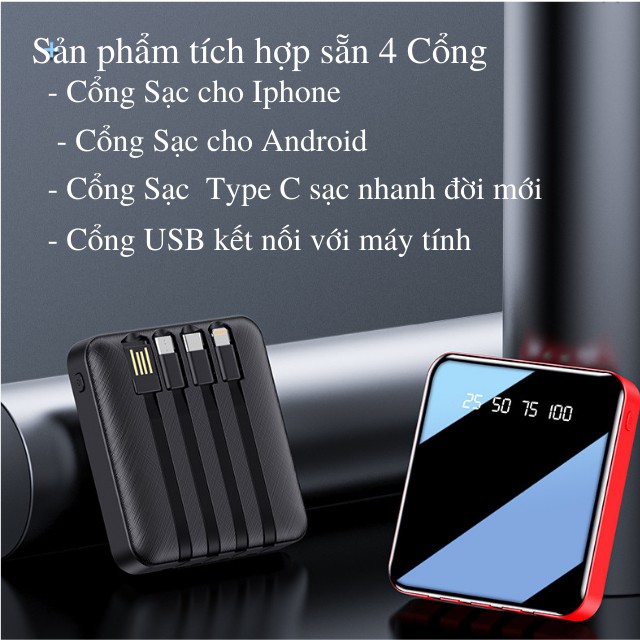 [ Mua 1 Được 4 ] Sạc Dự Phòng 20000mAh Pin Dự Phòng💥FREESHIP💥Có Sẵn Dây Sạc 4 Đầu Điện Thoại Iphone Android Siêu Mỏng