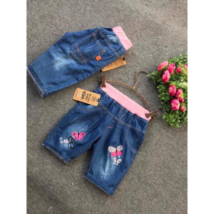 Quần Ngố Bò cho Bé Gái Chất Jeans Giấy Mềm thêu họa tiết xinh xắn, hàng Việt Nam, size 14-18kg-MINKIDS ©️