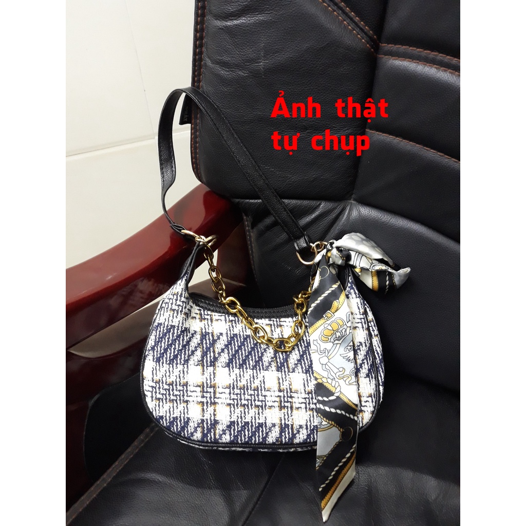 Túi xách nữ đeo vai, túi kẹp nách dạ kẻ buộc nơ dây xích trẻ trung năng động