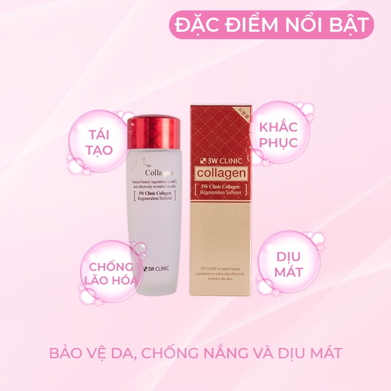 Nước Hoa Hồng Săn Chắc Da Chống Lão Hóa 3W Clinic Collagen Regeneration Softener Hàn Quốc 150ml Se Khít Lỗ Chân Lông