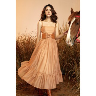 MOLLYNISTA - Đầm Solida nâu 2 dây tùng xòe organza