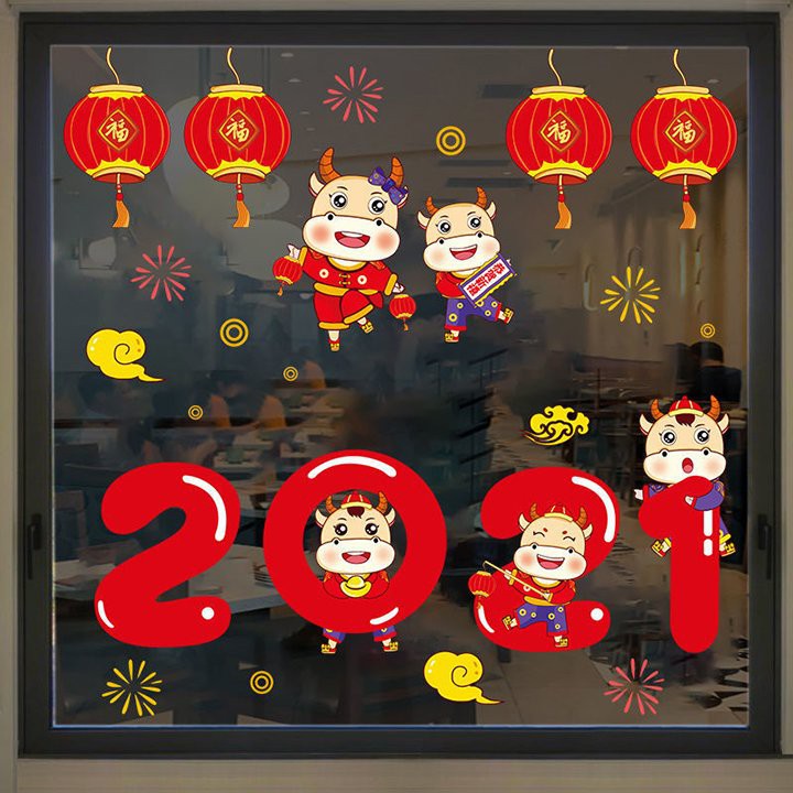 Decal dán kính trang trí tết, Decal Tết dán tường 2021 dày dặn, Size lớn