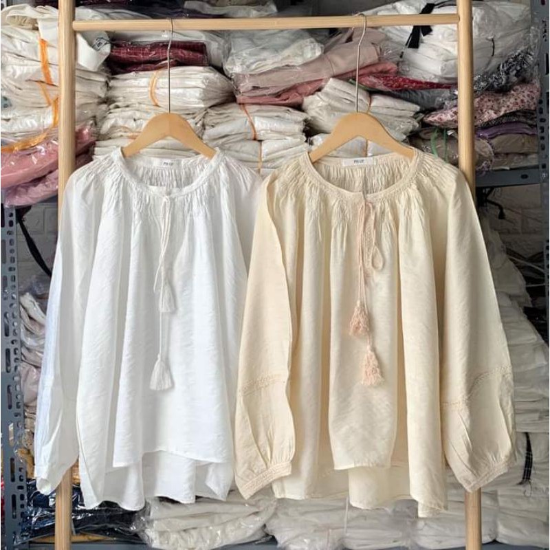 Áo sơ mi cổ rút dây vintage