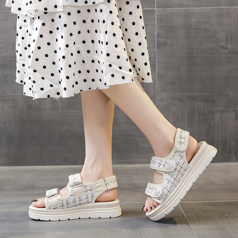 SANDAL ULZZANG C ĐẾ CAO 4CM HAI QUAI VẢI DÁN ÊM CHÂN  ẢNH THẬT