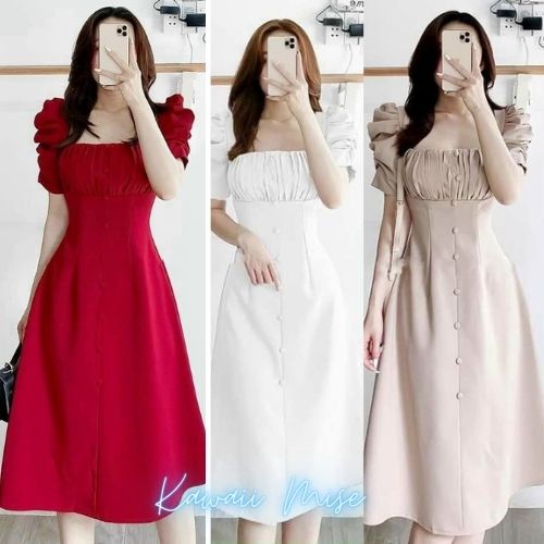 Váy nữ đầm nữ tay phồng nút bọc công sở dự tiệc đám cưới dạo phố Kawaii Mise