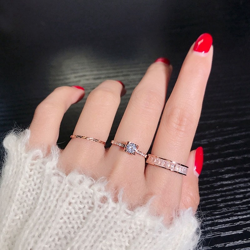 Nhẫn Titan Màu Vàng Hồng Đính Đá Zircon Thời Trang Cho Nữ