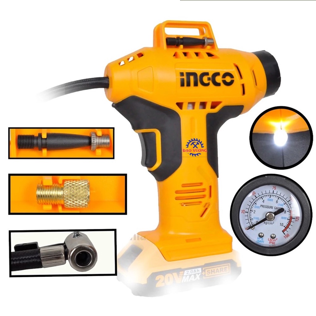 20V Máy Bơm Hơi Cầm  Dùng Pin INGCO CACLI2001| Máy bơm hơi tự động dùng pin INGCO CACLI2001 nhỏ gọn ổn định tiện dụng