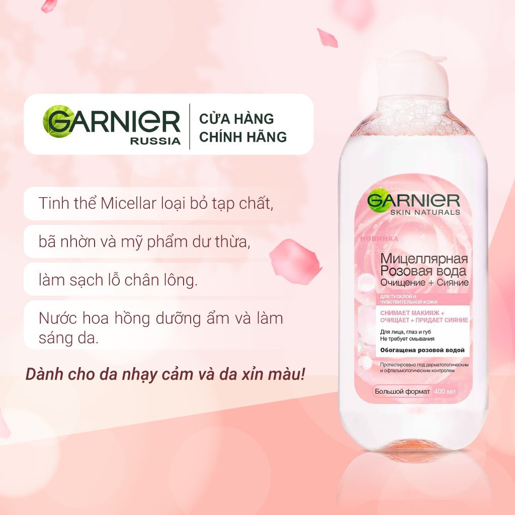 Tẩy trang hoa hồng Micellar Garnier Rose làm sạch và sáng da 400ml