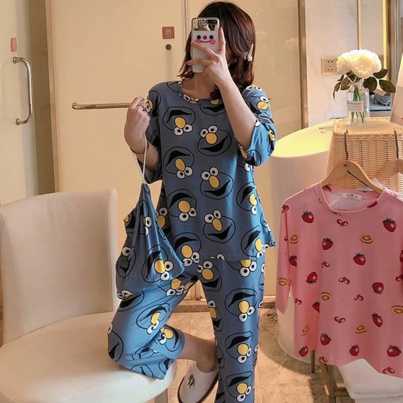 Bộ Pijama nữ tay lửng in hoa phong cách Hàn Quốc