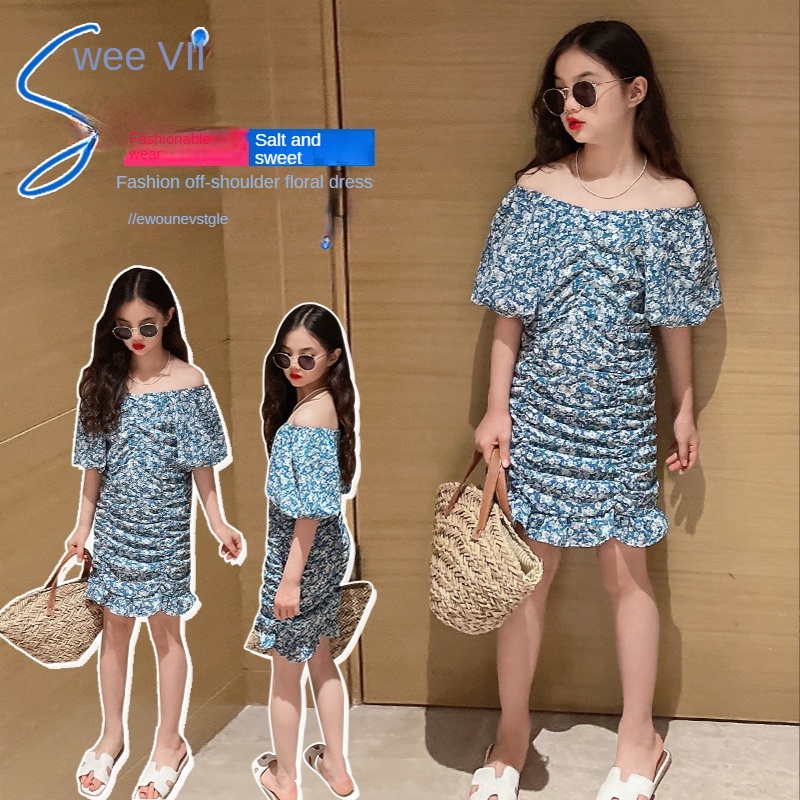 Đầm Hở Vai Đuôi Cá Họa Tiết Hoa Dễ Thương Thời Trang Cho Bé 5-6 Tuổi 6-7 Tuổi 7-8-9 Tuổi Từ 8-9 Tuổi 10-11 Tuổi 11-12-13