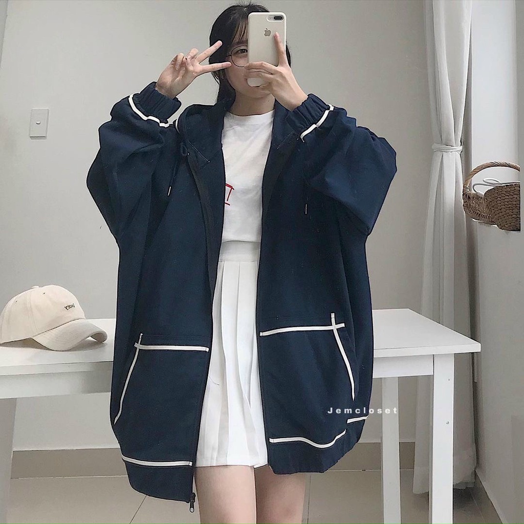 Áo khoác Nỉ Dây Kéo Nhiều Màu Nữ Jacket phối sọc from rộng unisex có mũ cá tính