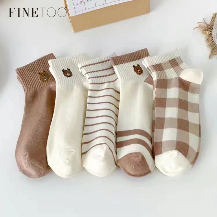 FINETOO Tất Cotton Cổ Ngắn Thời Trang Thu Đông Phong Cách Hàn Quốc Cho Nữ