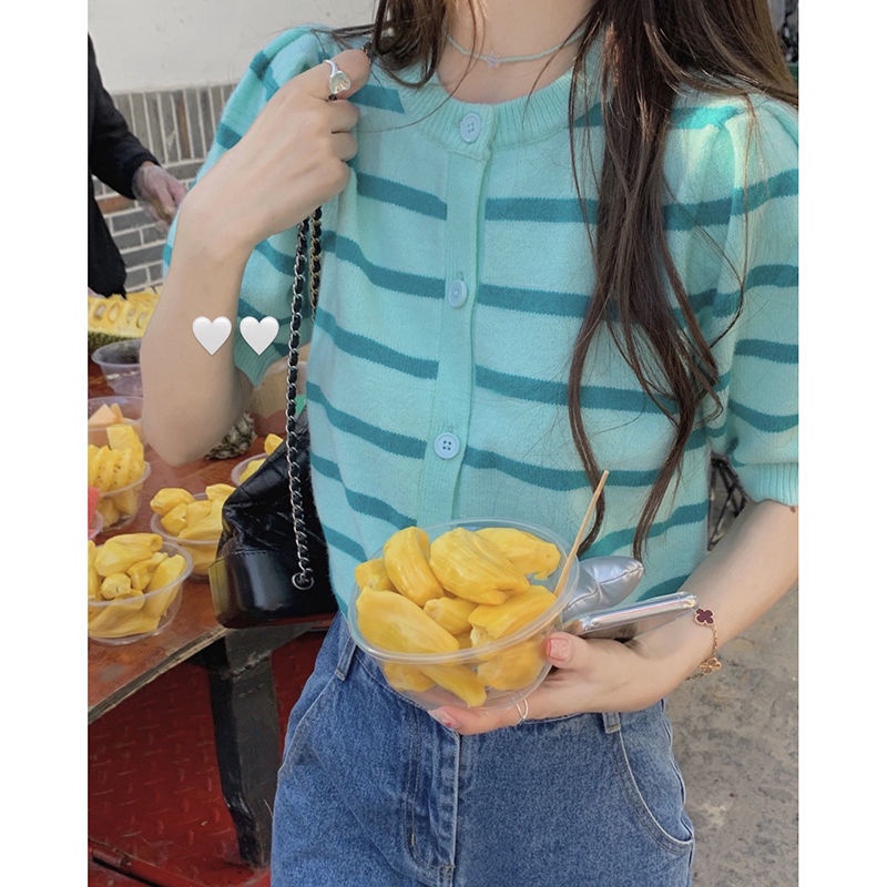 Áo cardigan PURE CUBE dệt kim tay ngắn họa tiết kẻ sọc màu sắc tương phản thời trang xuân hè cho nữ