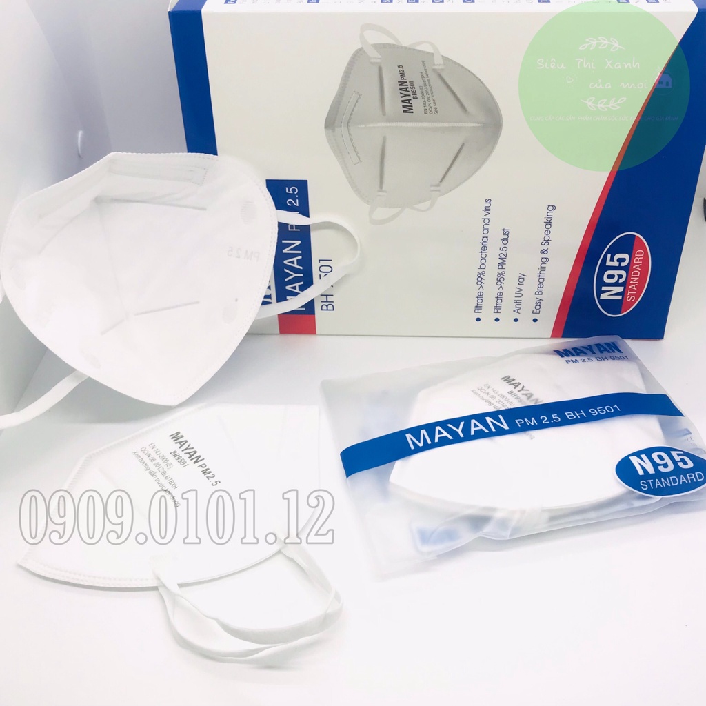 Khẩu trang n95 Mayan pm2.5 bh9501 đệm mũi cao cấp (10 cái), kn95 mask chính hãng lớp lọc kháng khuẩn than hoạt tính