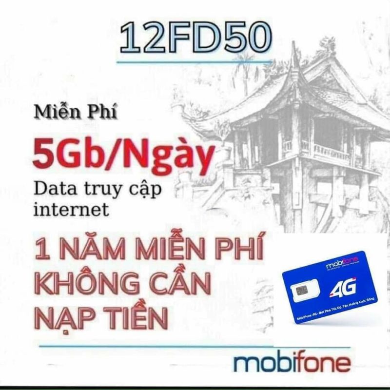 Sim 4G Mobifone 12FD50, 5gb/ngày,, miễn phí sử dụng 12 tháng