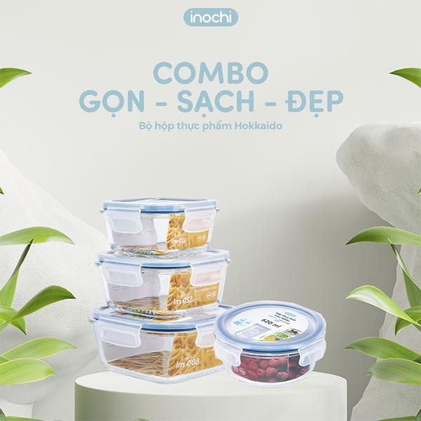 Hộp Thủy Tinh Vuông NIkko INOCHI Bảo Quản Thực Phẩm Tủ Lạnh,Hâm Nóng Đồ Ăn Trong Lò Vi Sóng