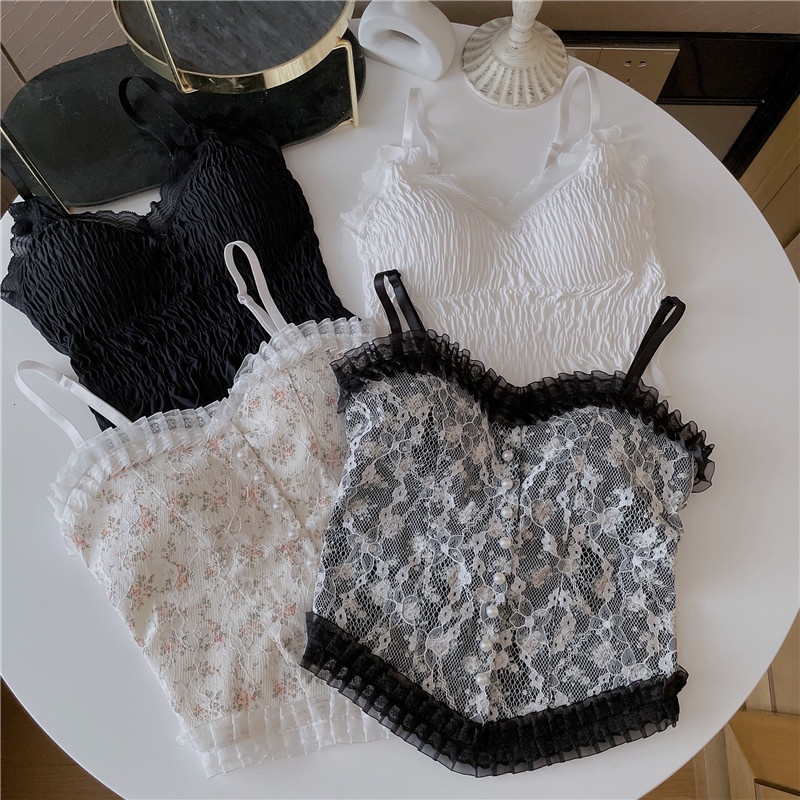 Áo hai dây phối ren hoa ngọt ngào có đệm ngực và thắt lưng tự làm cho nữ