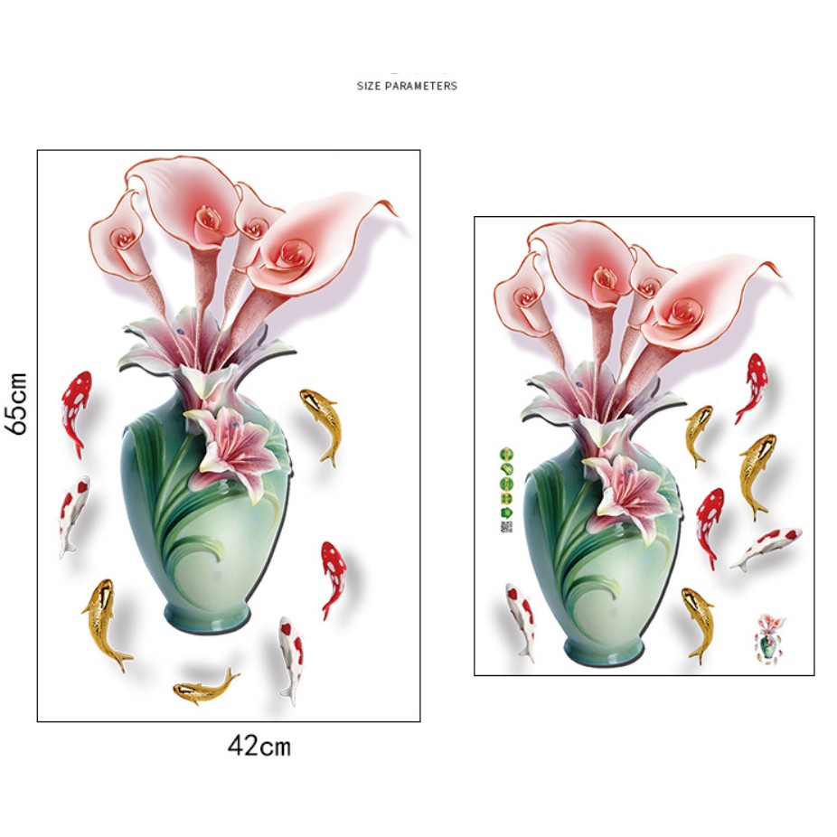 Decal trang trí tường - Chậu Hoa sứ xanh và Hoa liLy hồng nhạt 3D