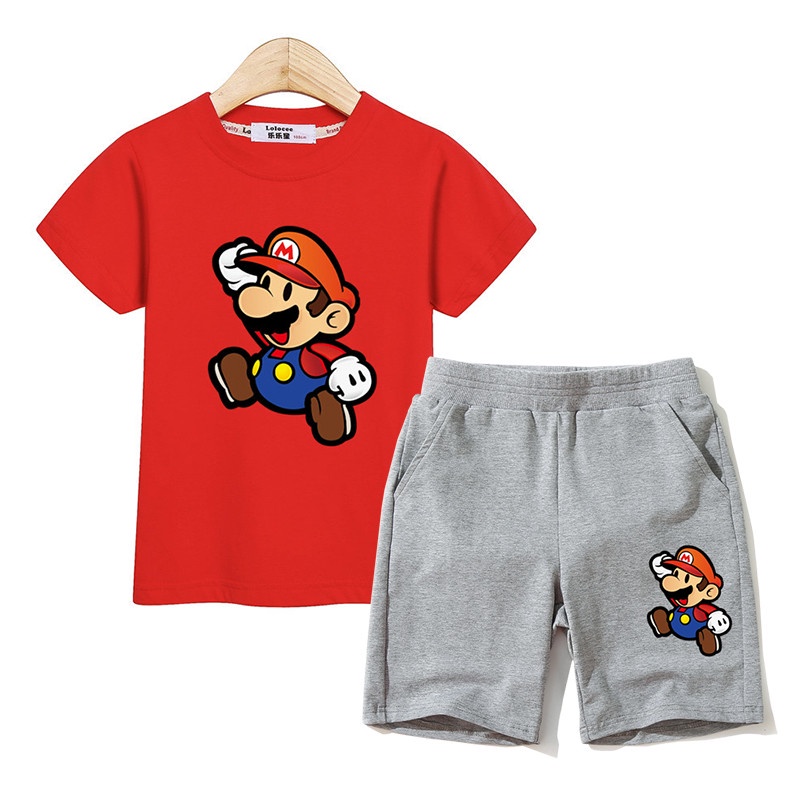 Bộ Trang Phục 2 Mảnh Áo Thun Cotton In Hình Super Mario Thời Trang