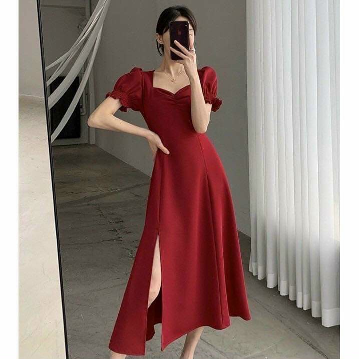 Váy maxi xẻ tà đầm nữ cổ nhún dáng dài 2 màu đen trắng tiểu thư công chúa dự tiệc dạo phố sexy khoe chân dài Kawaii Mise