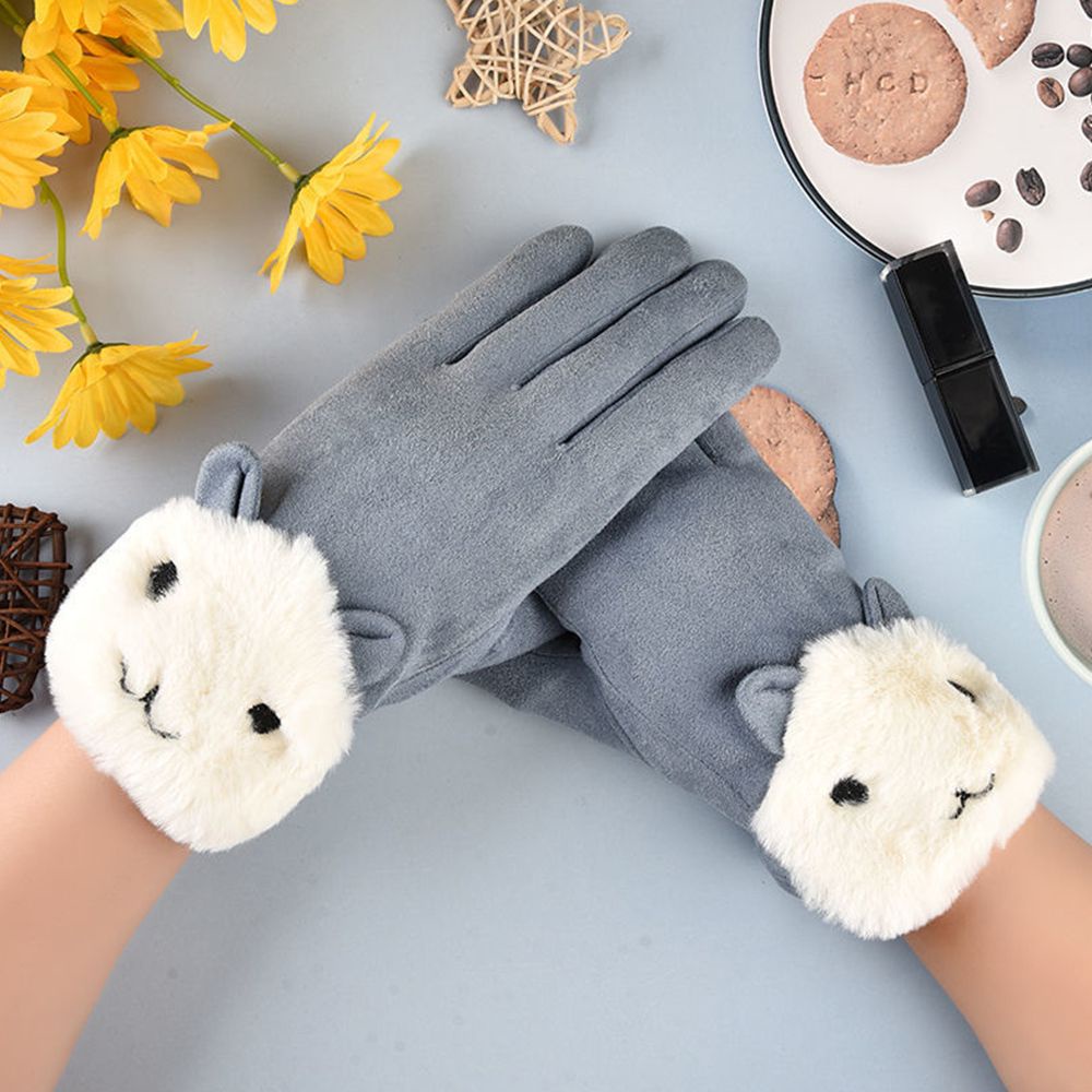 Găng tay da lộn phối lông cừu màu trơn hoạt tiết hình mèo dễ thương phong cách Hàn Quốc cho nữ