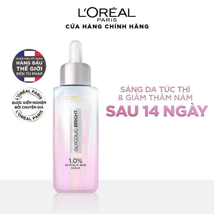 Bộ 2 Serum sáng da Glycolic Bright 1.0% Glycolic Acid 30ml &amp; Serum siêu cấp ẩm Revitalift Pure Hyaluronic L'Oreal Paris