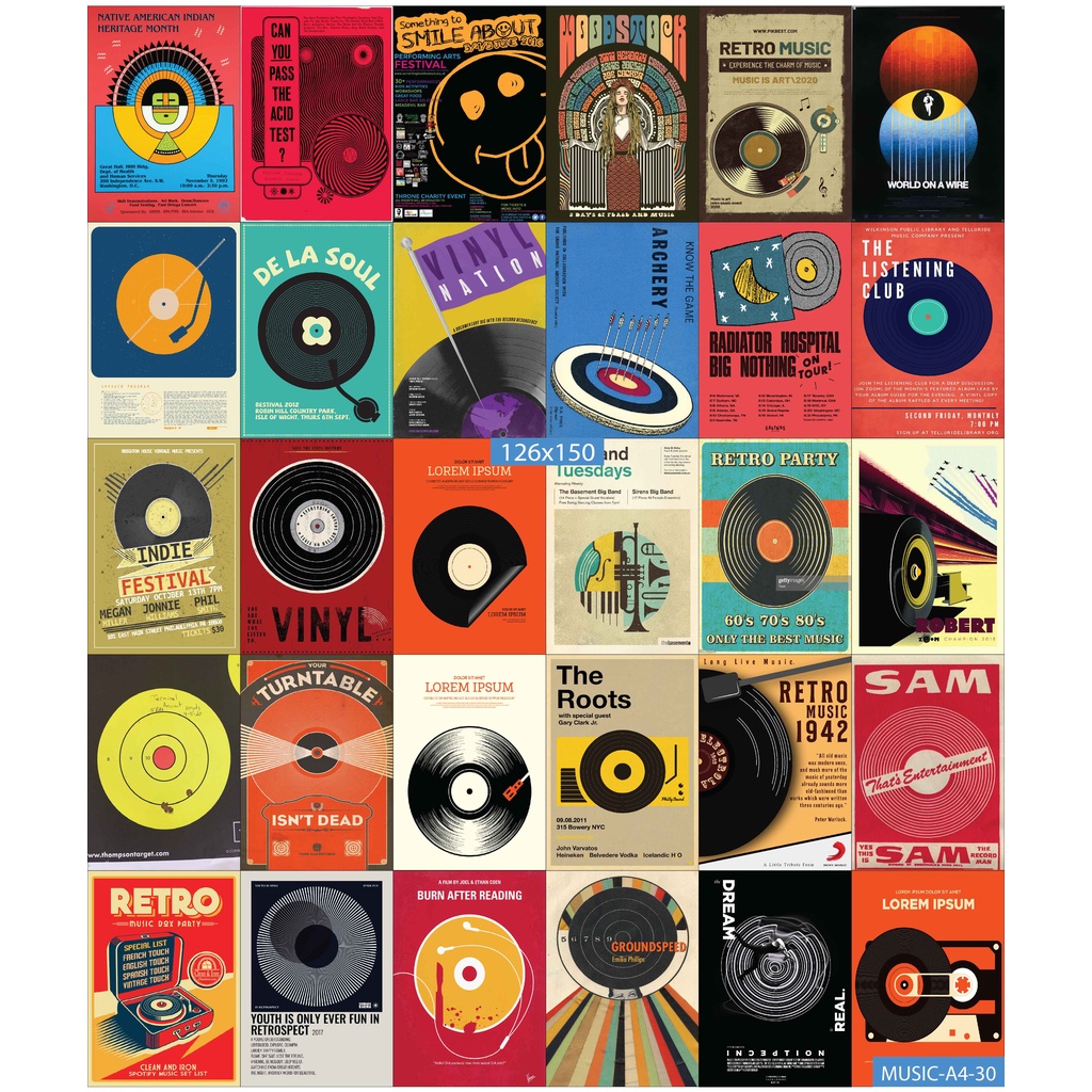 Combo Set 30 tờ Decal dán tường chủ đề Music A3,A4,A5